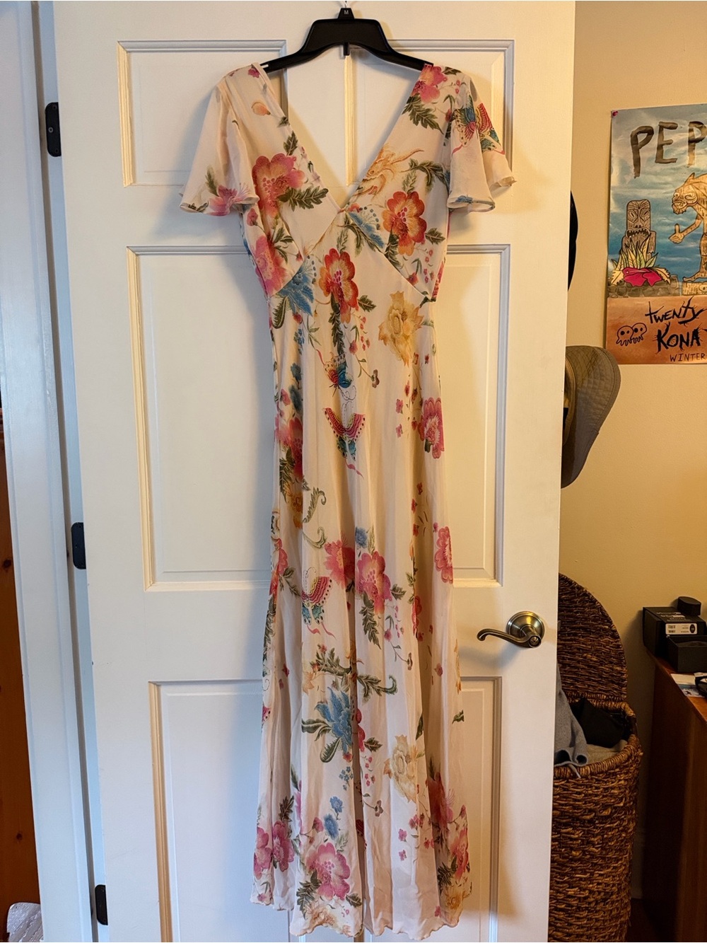 Aakaa Cream Floral Maxi Dress with Pink and Blue Accents